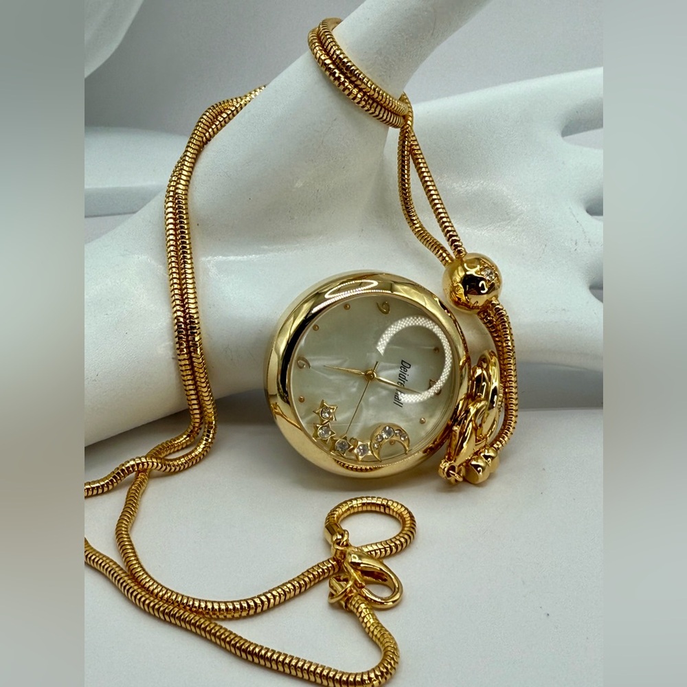 Deidre Hall Pocket Watch Necklace Crystal Accent Moon & Stars Charms MOP Face - Picture 8 of 17